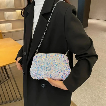 Solid Color Sequins Crossbody Bag Simple INS Chain Sequins Shoulder Bag Pocket Bag Phone Bag Small Square Bag Dinner Party