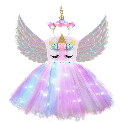Girls Rainbow Unicorn Light Up Tutu Dresses for Kids Birthday Party Sequins Glowing Knee Length Dress Halloween Animal Costumes