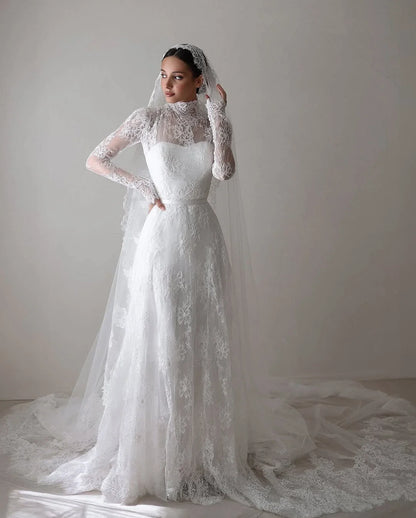 Lace Appliques Wedding Dresses A-Line High Neck Girdling Hazy Feeling Bridal Gown Floor-Length Bride Gowns 2026 Customized