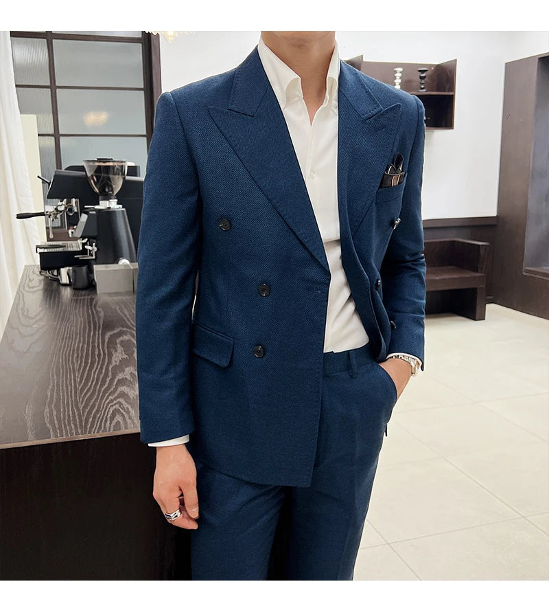 Men Vintage Luxury Double Breasted Slim Fit Lapel Evening Gown ltalian Style Fashion High-end Groom Wedding Party Tuxedo 2 Piece