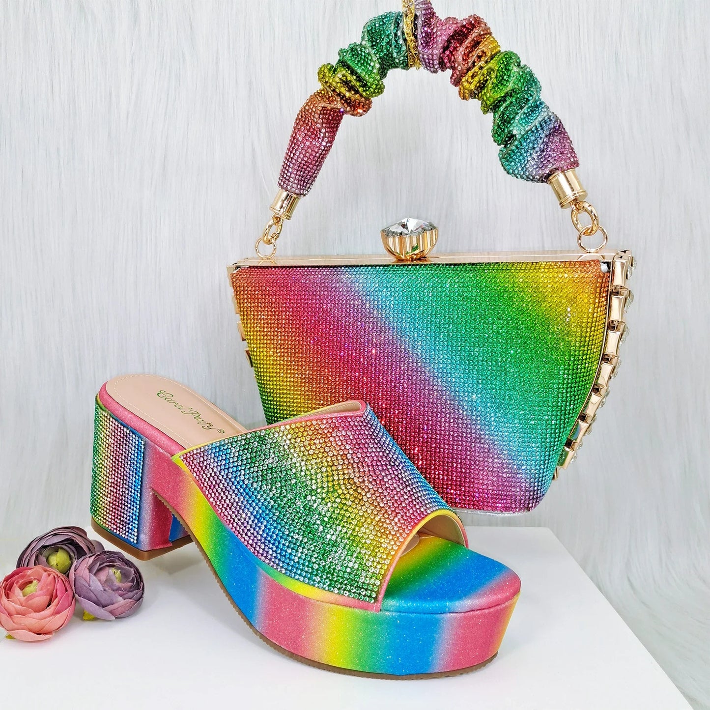 Italian Design Rainbow Colored Rhinestone Striped High Heels, Nigerian Paired With Open Sandals, Shoes Bag Set For Women