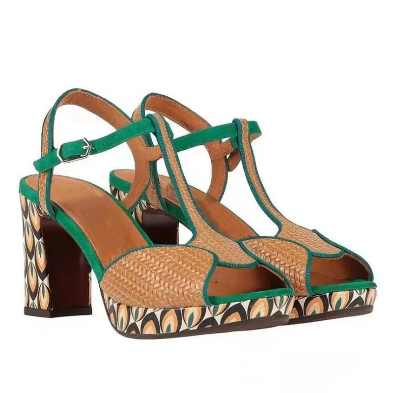 Genuine Leather Shoes High Heels Women Luxury Platform Sandals Thick Heels Designer Square Ladies 36-44