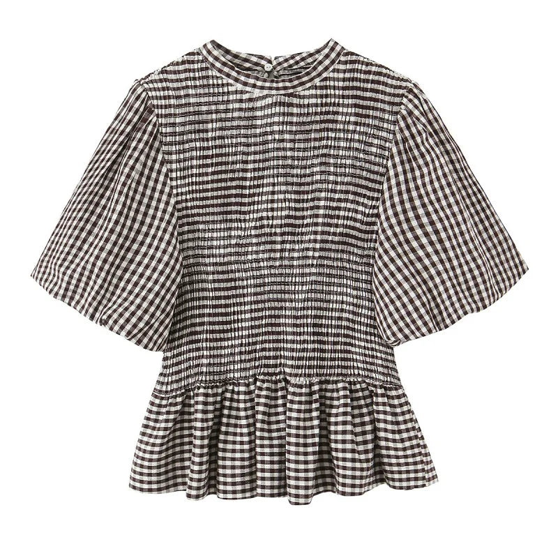 Spring Summer O-Neck Short Puff Sleeve Small Plaid Tops Women Back Button Decoration Tops Female Casual Wear 2026 New