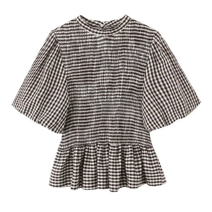 Spring Summer O-Neck Short Puff Sleeve Small Plaid Tops Women Back Button Decoration Tops Female Casual Wear 2026 New
