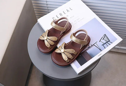 Girls Sandals Hook&loop Kids Beach Shoes Soild Color Versatile 2025 Summer Girls Princess Shoes Retro Sweet Flowers Korean Style