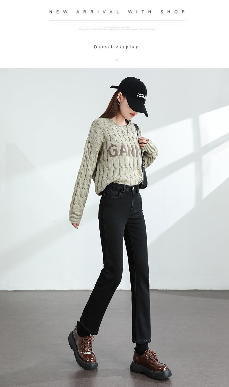 Calça Jeans Feminina Inverno Fleece Quente Reta Slim Elástica Algodão Grosso Quente Denim Moda Roupa Feminina