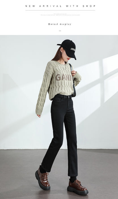 Calça Jeans Feminina Inverno Fleece Quente Reta Slim Elástica Algodão Grosso Quente Denim Moda Roupa Feminina