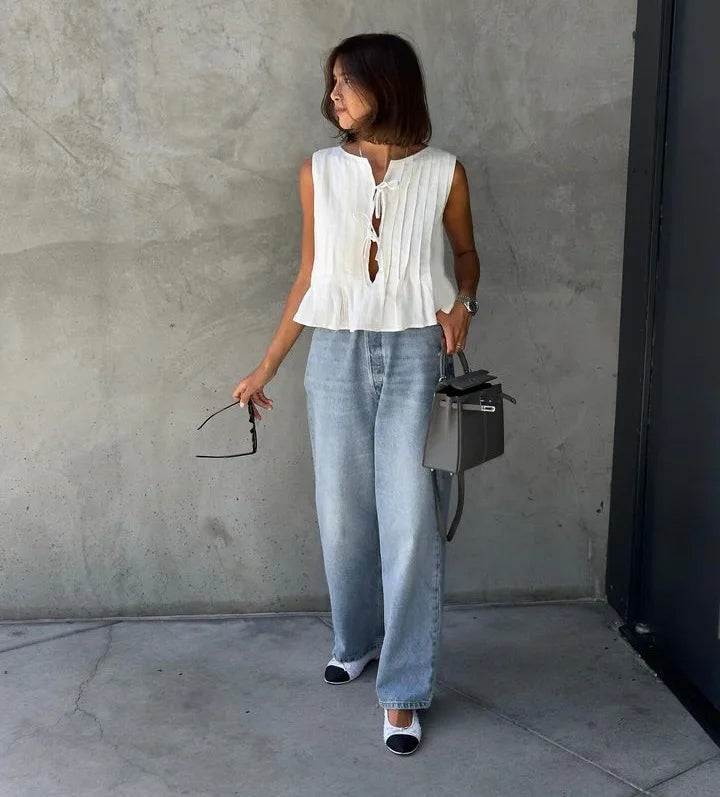 White Bandage Ribbed Tank Top Shirts For Women Hollow Out Sleeveless Slim Summer Fashion Vest Women's Lace-Up Vest Y2k Top