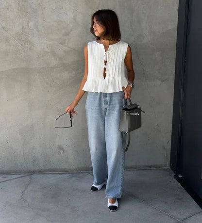 White Bandage Ribbed Tank Top Shirts For Women Hollow Out Sleeveless Slim Summer Fashion Vest Women's Lace-Up Vest Y2k Top