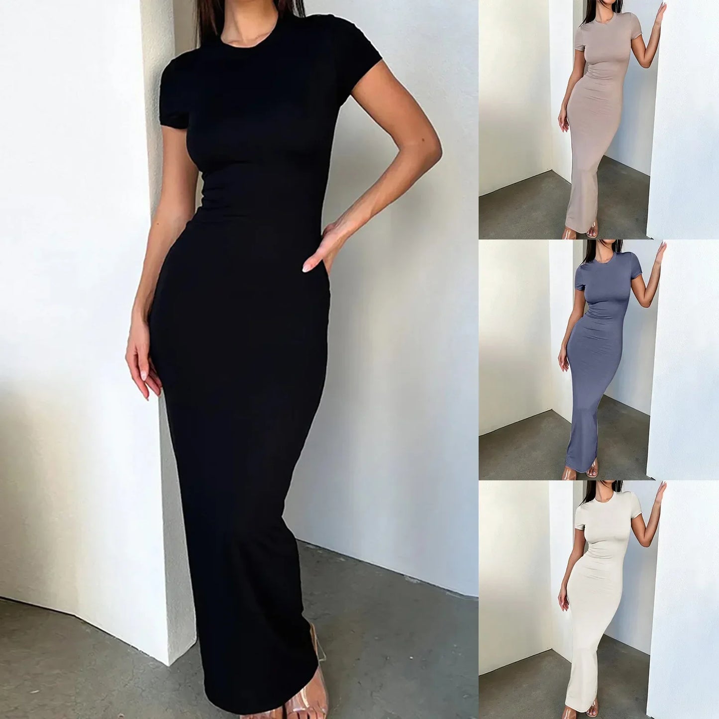 Skinny Women's Bodycon Party Dress Fashion O-neck Short Sleeve Solid Color Wraped Hip Package Long Dress Female Sexy Dress