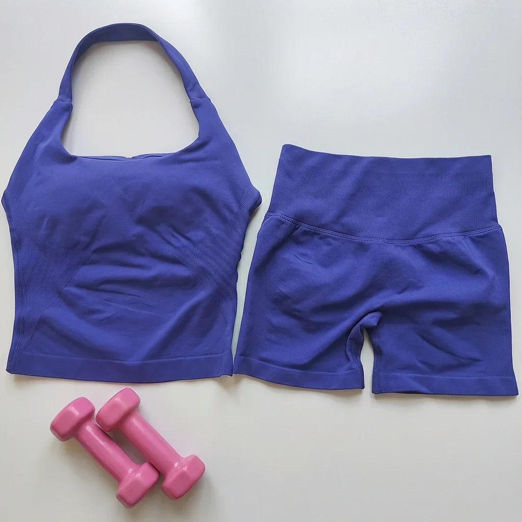 Sexy Halter Neck Beautiful Back High Waist Peach Sports Bras Shorts Suit Pilates Gathering Yoga Vest Training Fitness Bra Sets