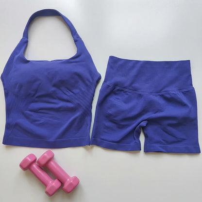 Sexy Halter Neck Beautiful Back High Waist Peach Sports Bras Shorts Suit Pilates Gathering Yoga Vest Training Fitness Bra Sets