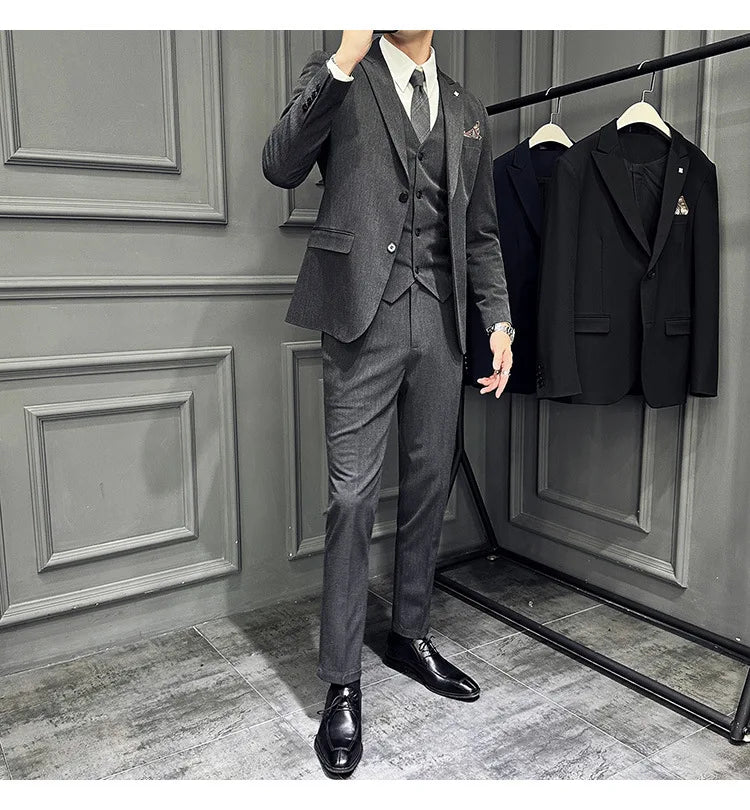 Slim Fit Men's Three Piece Suit Thin Single Button Notch Lapel Casual Fashion Cotton Blend Spring Autumn Wear for Youth