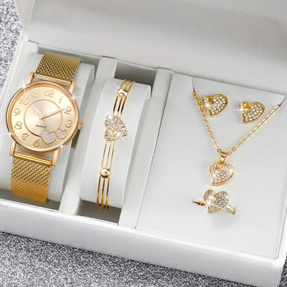 6PCS/Set Fashion Heart Dial Women Watches Plastic Band Quartz Watch Rhinestone Heart Jewelry Set（Without Box）