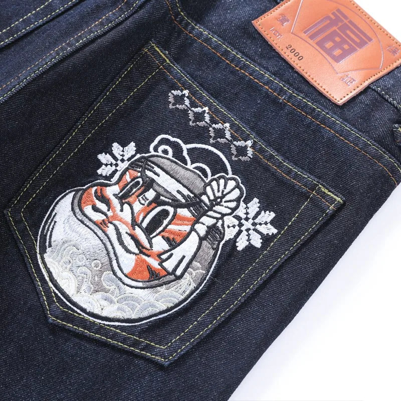 Men's Japanese Handmade Embroidered Cotton Jeans Straight Tube Slim Fit Hip-Hop Trousers Red Ear Detail Devil Big M Golden Text