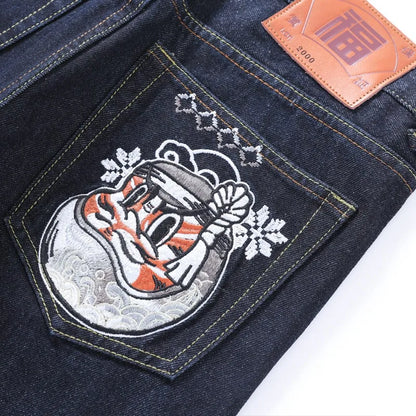 Men's Japanese Handmade Embroidered Cotton Jeans Straight Tube Slim Fit Hip-Hop Trousers Red Ear Detail Devil Big M Golden Text