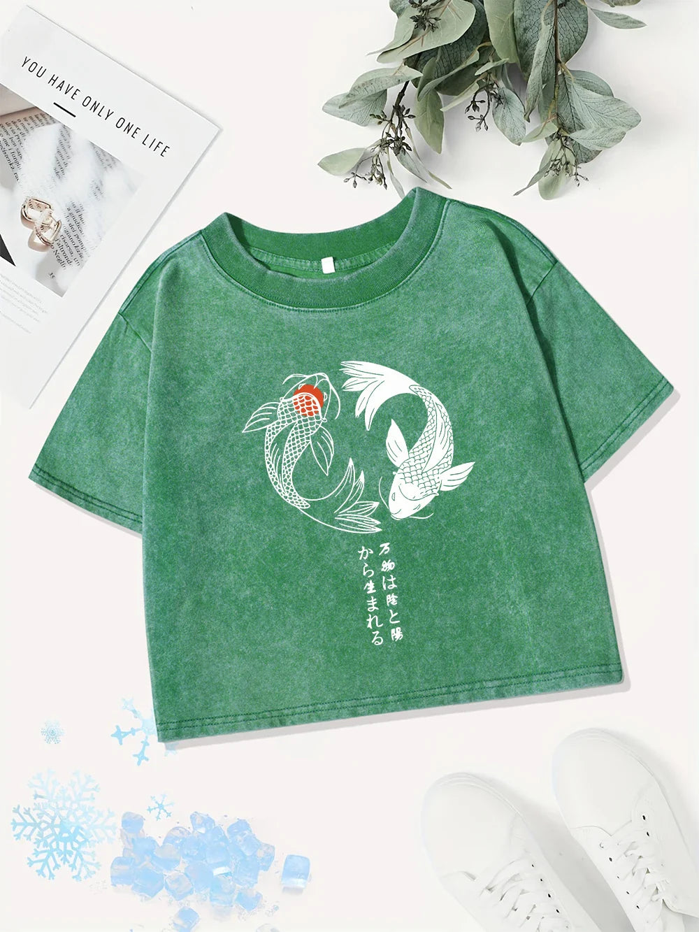 Casual Cotton Crop Tops Womens Japanese Koi Harajuku Prints Washed T-Shirts Street O-Neck Regular Fit Streetwear Sexy Clothes