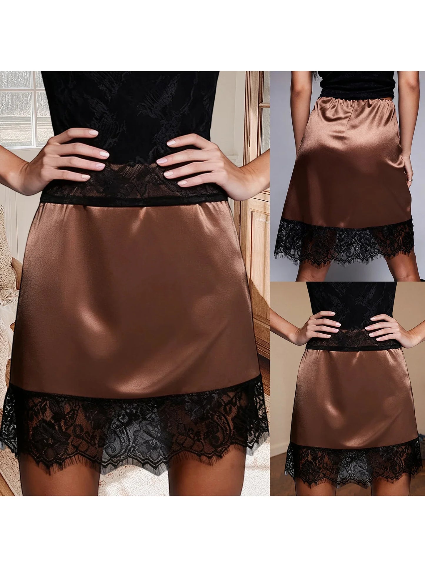 Women Chic Y2k Low Rise A-Line Half Slips Skirts Satin Slip Mini Skirt Lace Trim Patchwork Silky Underskirt Vintage Streetwear
