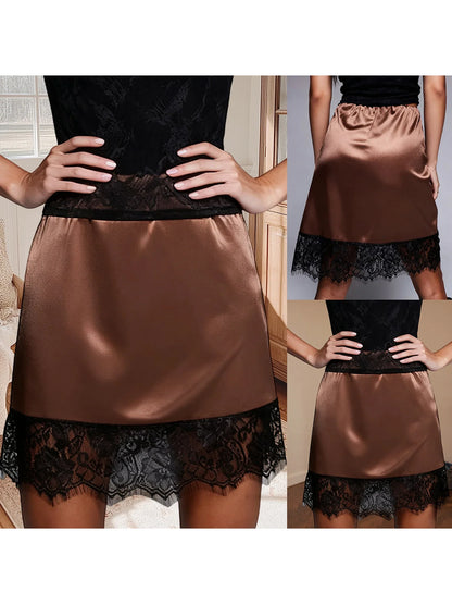 Women Chic Y2k Low Rise A-Line Half Slips Skirts Satin Slip Mini Skirt Lace Trim Patchwork Silky Underskirt Vintage Streetwear