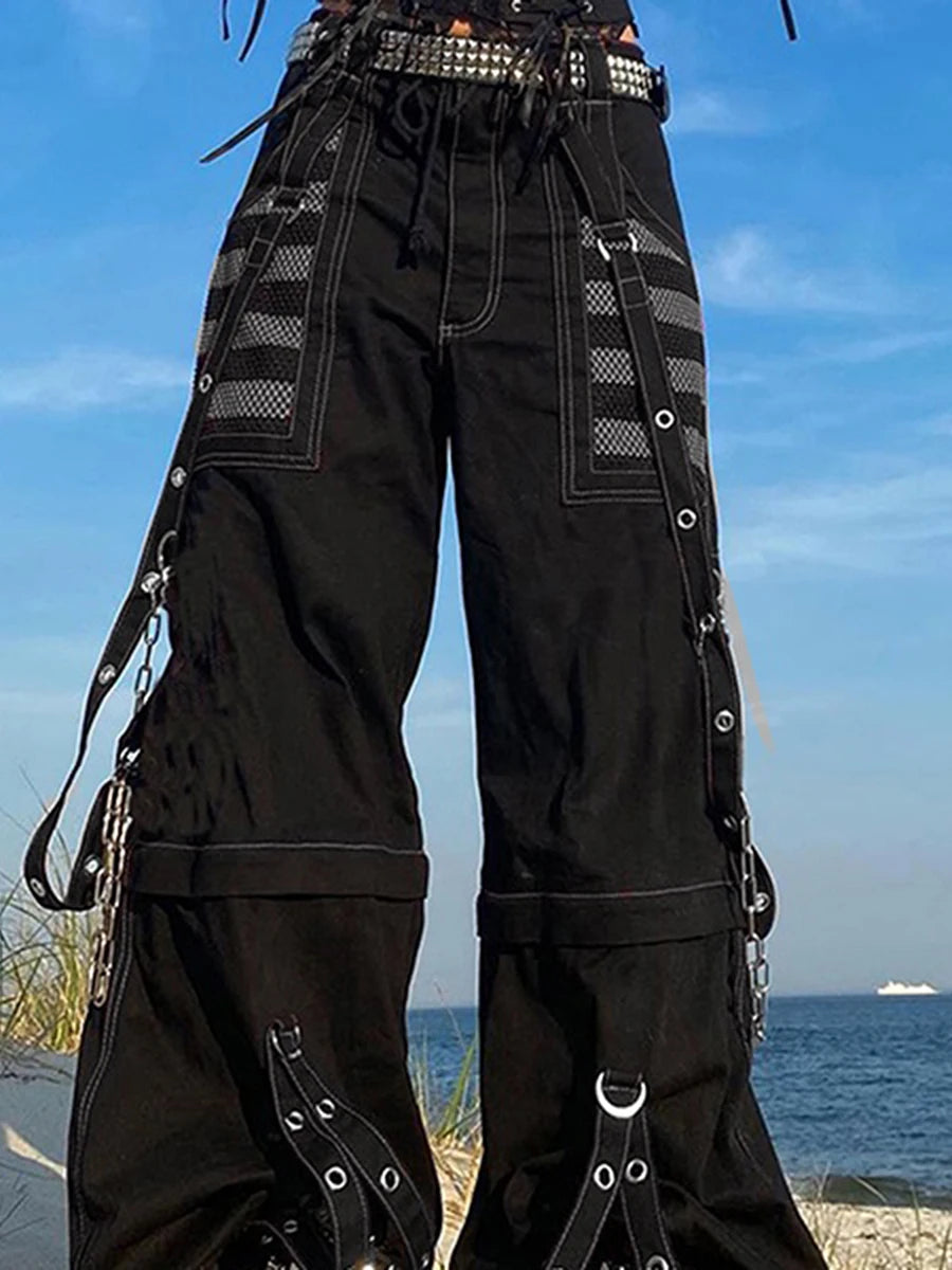 Women Fall Winter Cargo Jeans Striped Zipper Button Closure Loose Casual Trousers Streetwear with Pockets