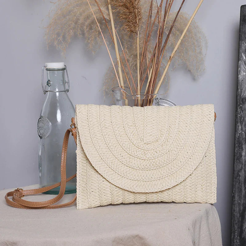 Straw Woven Shoulder Crossbody Bag Beach Clutch Handbag Casual Summer Handmade Envelope Bags for Women Totes Purse