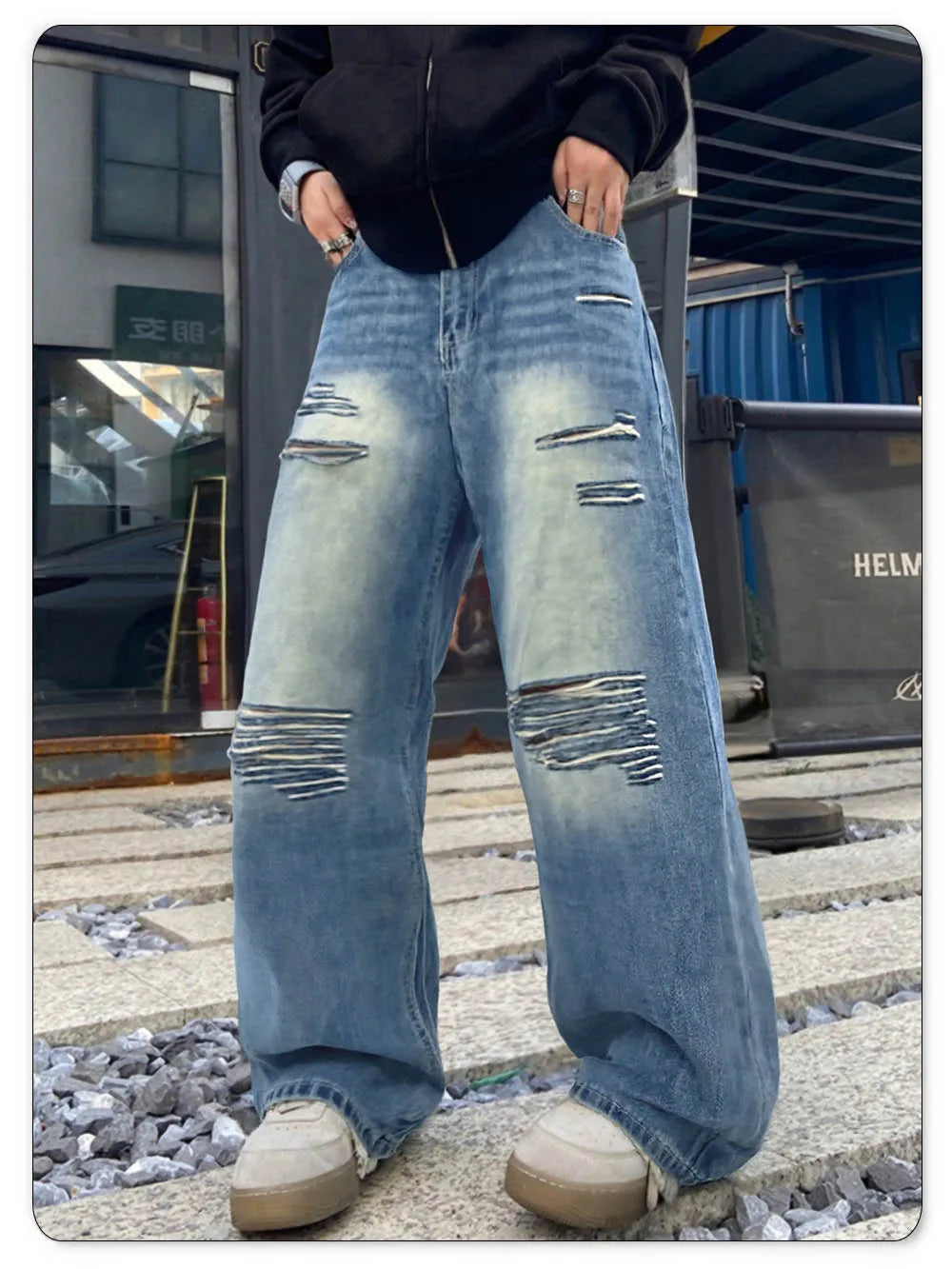 LIYS American Retro Blue Baggy Wide Leg Men's Jeans Four Seasons Street Straight Casual Ripped Denim Pants Youth Clothes Unisex