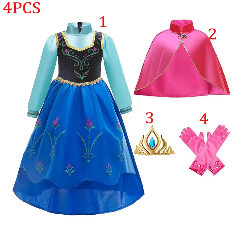 Elsa Princess Floral Frock with Cape Elsa Younger Sister Anna Disguise Dress Cosplay Party Snow Queen Cute Girl Carnival Outfit