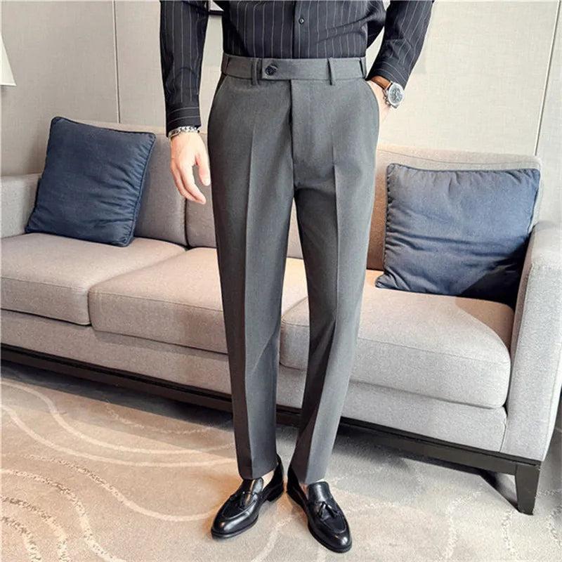 Autumn Winter High Quality Suit Pants Men Solid Color Elastic Waist Slim Fit Smart Casual Wrinkle Free Suit Trousers Mens Pant