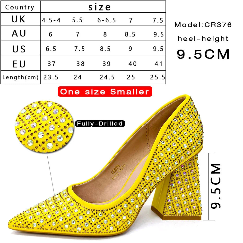 Nigerian Heel Party for Women Yellow Shoes and Bag Set Rhinestone Handbag Italian Design Wedding