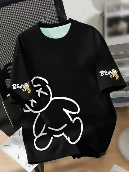2026 Summer Men's T-shirt cartoon bear print pattern round neck breathable tshirts men women dail casual streetwear y2k tops
