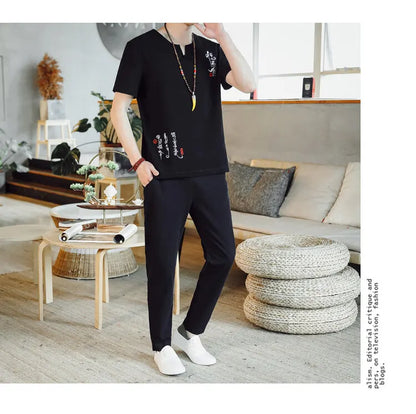 (Shirt + trousers) 2025 summer Chinese Style men shirt Cotton and linen shirts men's High quality casual shirts Two Piece M-5XL