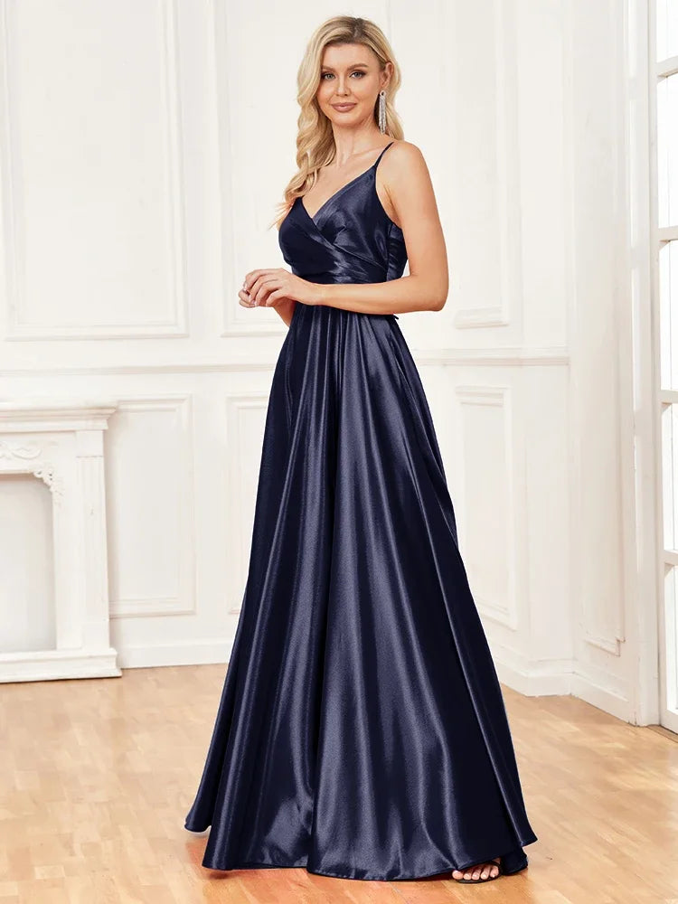 Luxury V-Neck Satin Sleeveless Blue Formal Evening Dress 2024 Women Elegant Sexy Slip Wedding Party Long Prom Dress