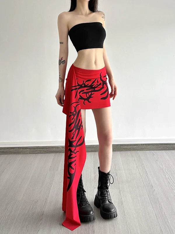 Y2K Millennium Graffiti High Waist Midi Skirt Women's Cool Unisex Asymmetrical Design Polyester Spandex Blend