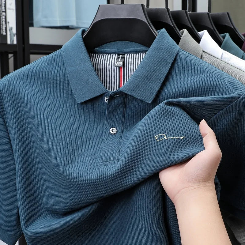 Brand 100%pure cotton short sleeve polo shirt men's new fashion letter embossed business casual solid color summer lapel T-shirt