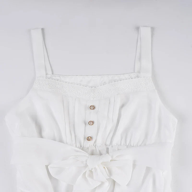 Sweet Lace Patchwork Bandage Ruffles Trim A-Tops Women's Solid Sheer Button Front Squre Neck Camisole All Match Vest