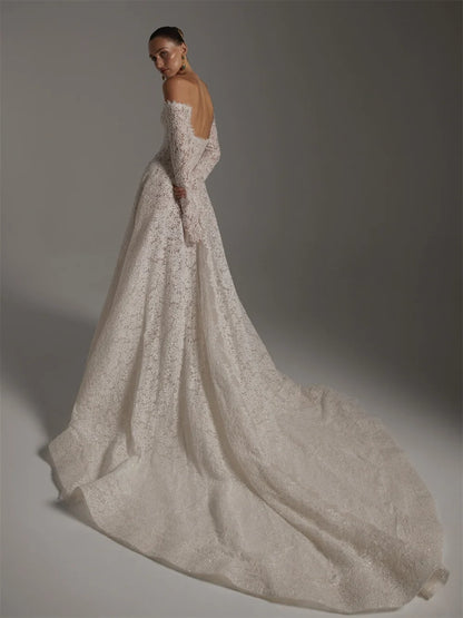 Customized White Off the Shoulder Wedding Dresses Long Sleeves Zip Back Bridal Gowns A-Line Court Train Wedding Gowns 2026