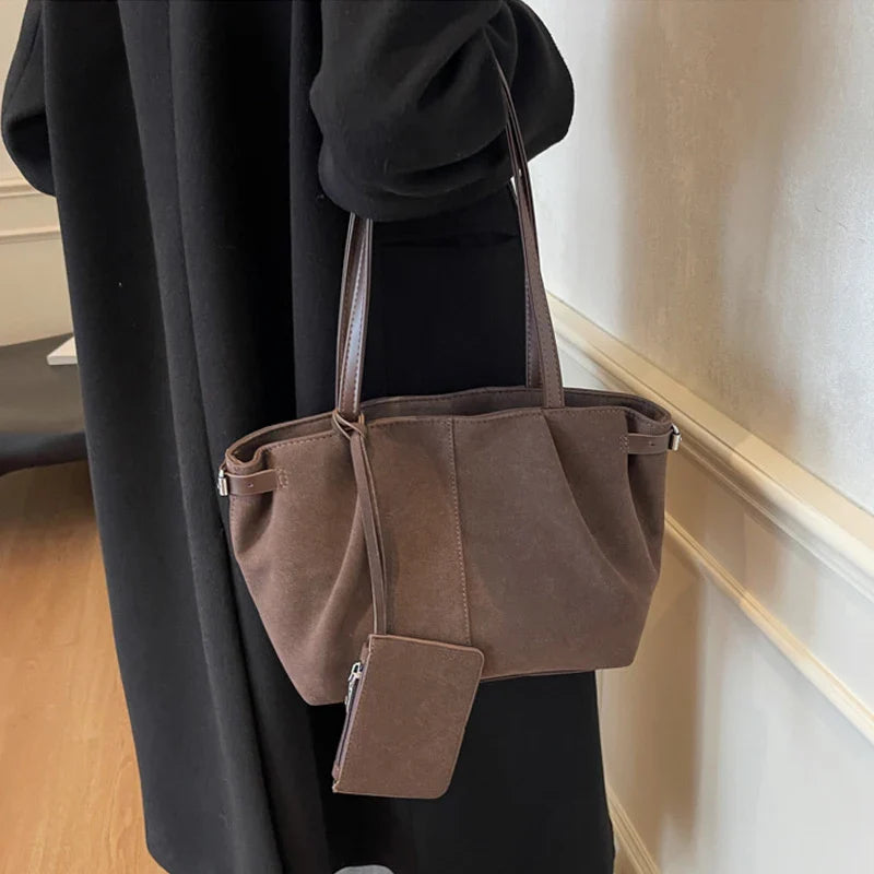 Suede Shoulder Bags for Women Large Suede Totes Lightweight Underarm Bag Casual Shopper Handbag Solid Color Travel Bucket Bags