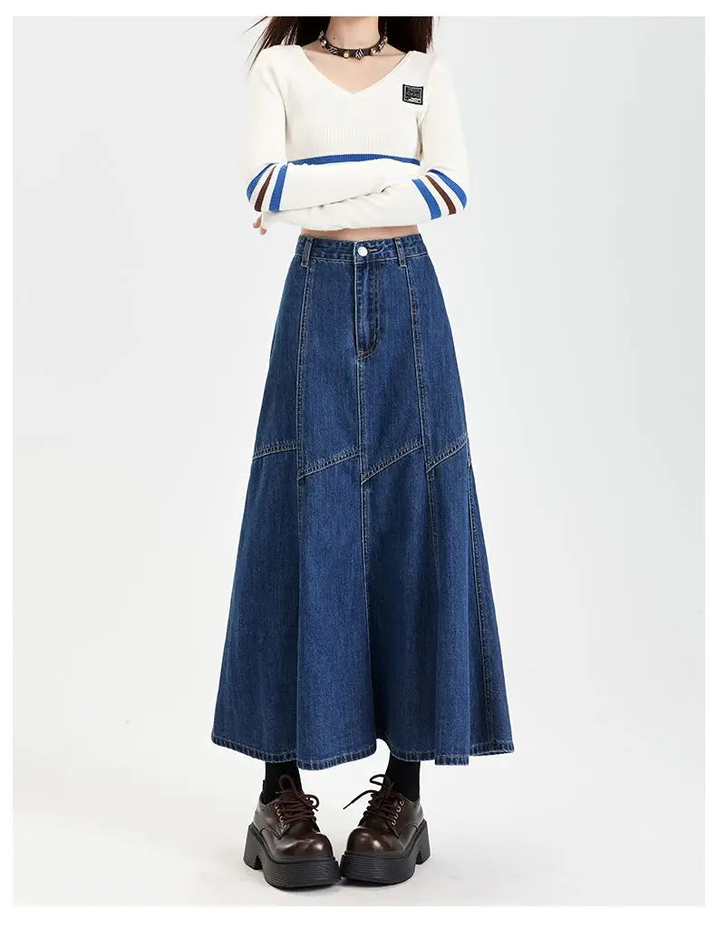 Women Blue A-line Denim Skirt Vintage Aesthetic Y2k Patchwork New Jean Skirt Harajuku Korean Cowboy Skirts 2000s Clothes Summer