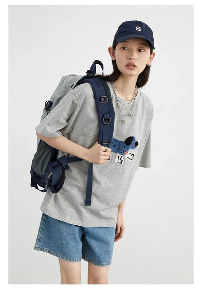 CHIC VEN Camisetas Femininas Soltas Streetwear Unissex Divertido Cão Bordado Manga Curta Algodão Blusas Menina Femininas Verão 2025