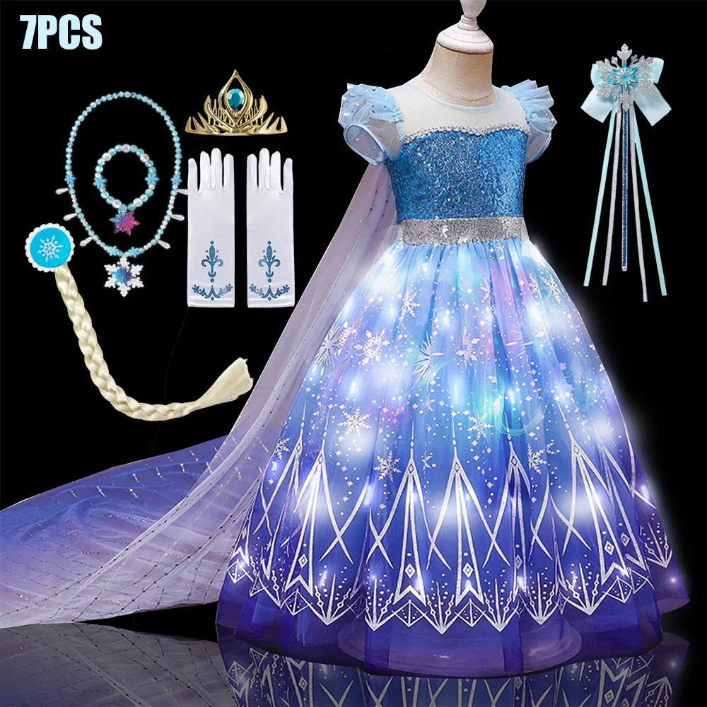 Fantasia Infantil Cosplay Elsa com LED Meninas Aniversário Festa Role Playing Vestido de Princesa com Capa Fantasia de Carnaval Halloween