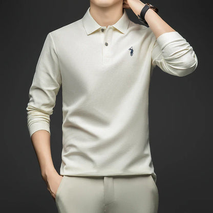 100% Pure Cotton Men's Long Sleeved Polo Shirt, Collar T-shirt, Spring and Autumn Top, No Ironing, Wrinkle Resistant Embroidery