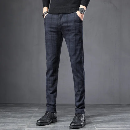 Autumn Men's Brushed Plaid Casual Pants Korean Style Gray Elastic Straight Slim Fit Fashionable Work Pants Blue and Black Male