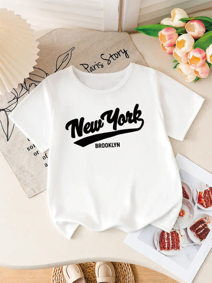 Kids Boys/Girls White T-Shirt, "New York Brooklyn" Letter Print Short Sleeve Tee for Casual Daily Wear