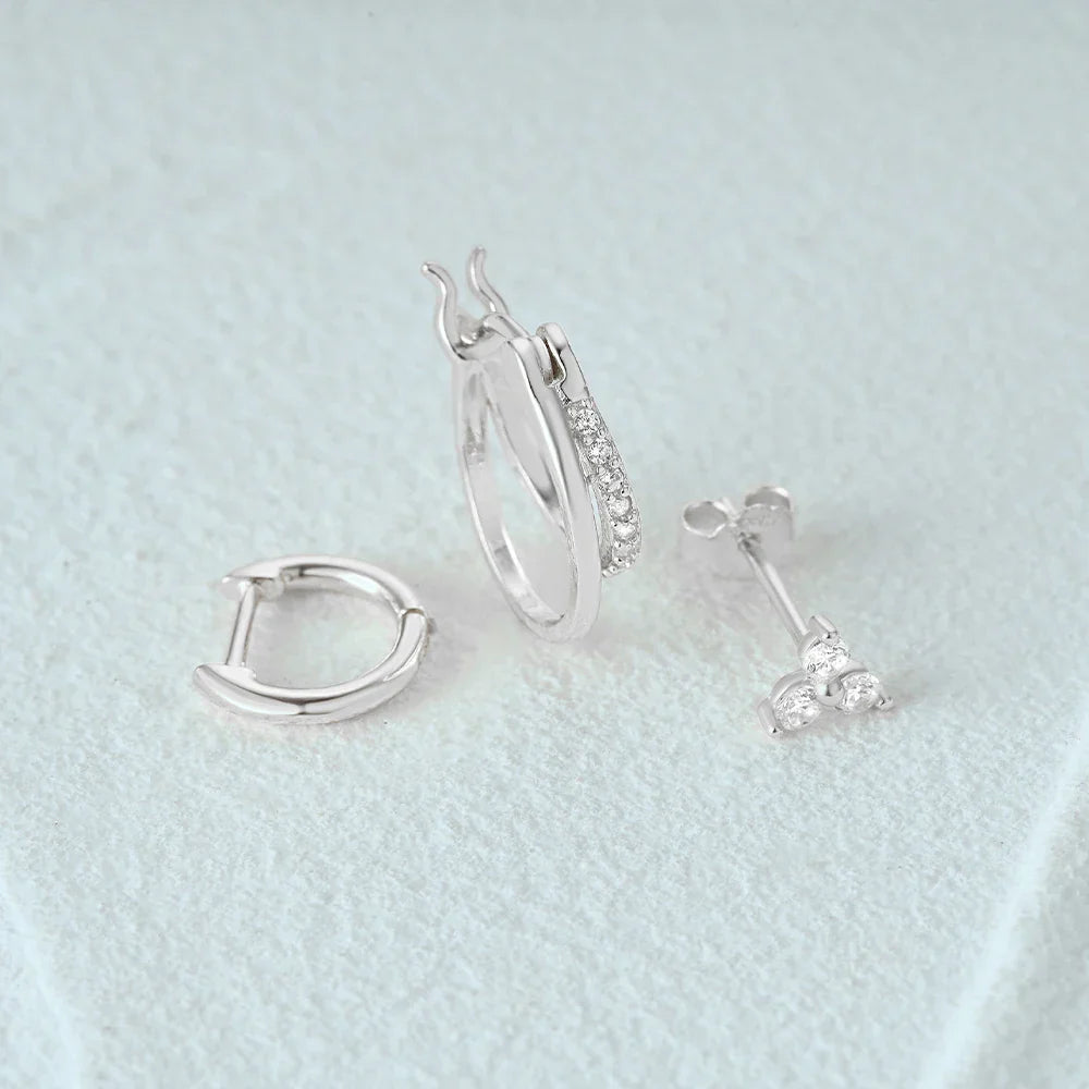 Aide 3pcs Set 925 Sterling Silver Double Gold Hoop Mini Zircon Stud Earrings For Women Hypoallergic Elegant INS Piercing Jewelry