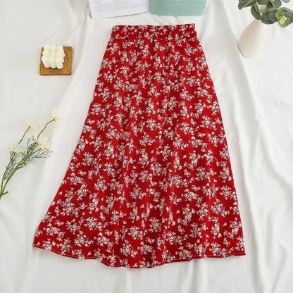 Women's Summer Skirts Vintage Floral Printed Chiffon Skirts High-waisted Elastic Waist Relaxed Mid-length Skirts Beach Skirts
