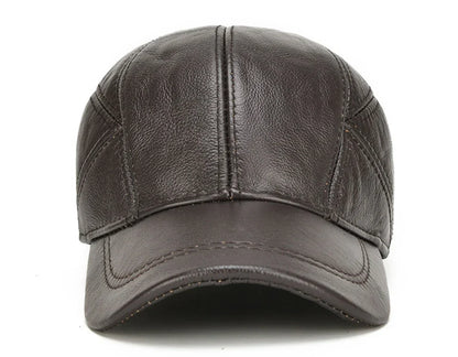 Casual Real Leather Earflap Cap Men's Real Cowhide Leather Caps Male Fall Winter Genuine Real Cow Leather Baseball Hats