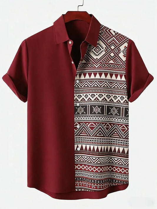 Men's New Linen Ethnic Tribal Style 3D Printed Shirt Hawaiian Tropical Breathable Comfortable Short-sleeved Lapel Clothes Men'S