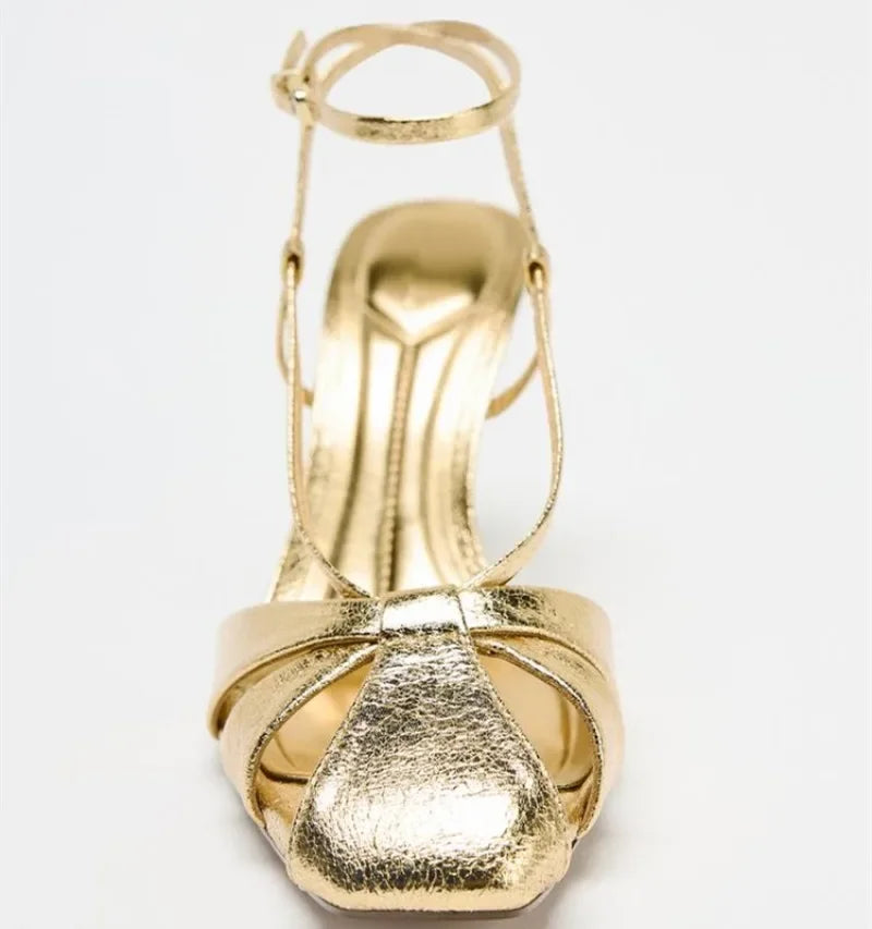 Fashion Gold Thin Heeled Sandals Women Sexy Ankle Strap Buckle Gladiator Sandal Luxury Banquet Brand Designer Shoe Zapatos Mujer