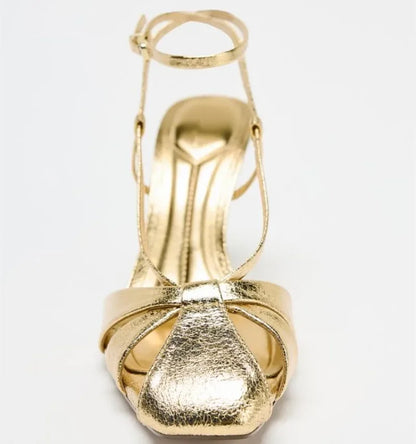 Fashion Gold Thin Heeled Sandals Women Sexy Ankle Strap Buckle Gladiator Sandal Luxury Banquet Brand Designer Shoe Zapatos Mujer