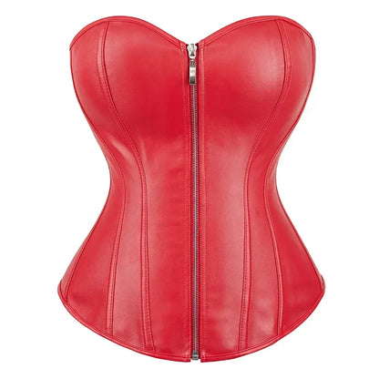 Women Faux Leather Corset Tops Gothic Overbust Lace Up Zipper Strapless Bustier Shaperwear Sexy Clubwear